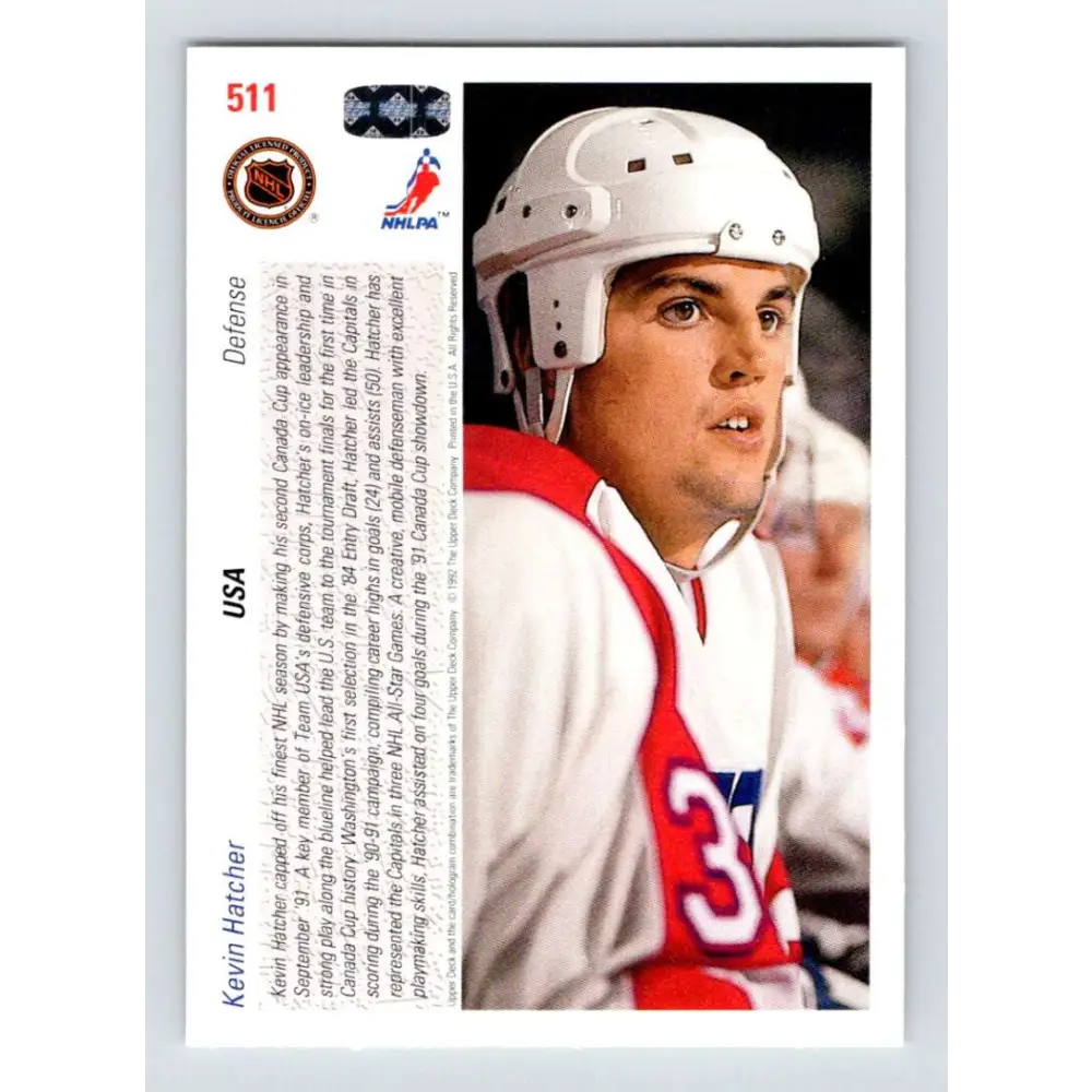 1991-92 Upper Deck #511 Kevin Hatcher NM-MT Washington Capitals Hockey Card  Image 2
