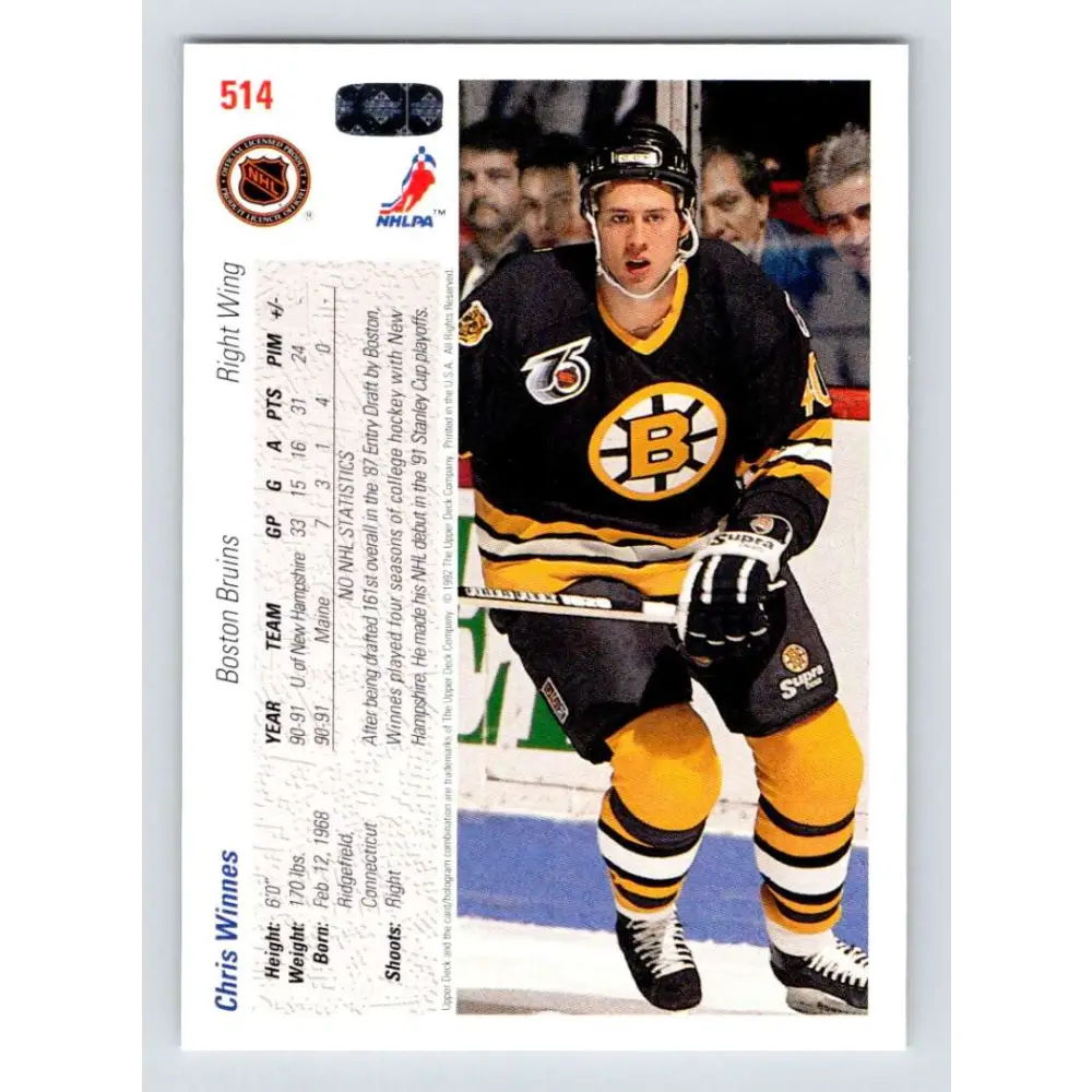 1991-92 Upper Deck #514 Chris Winnes NM-MT RC Rookie Boston Bruins Hockey Card Image 2