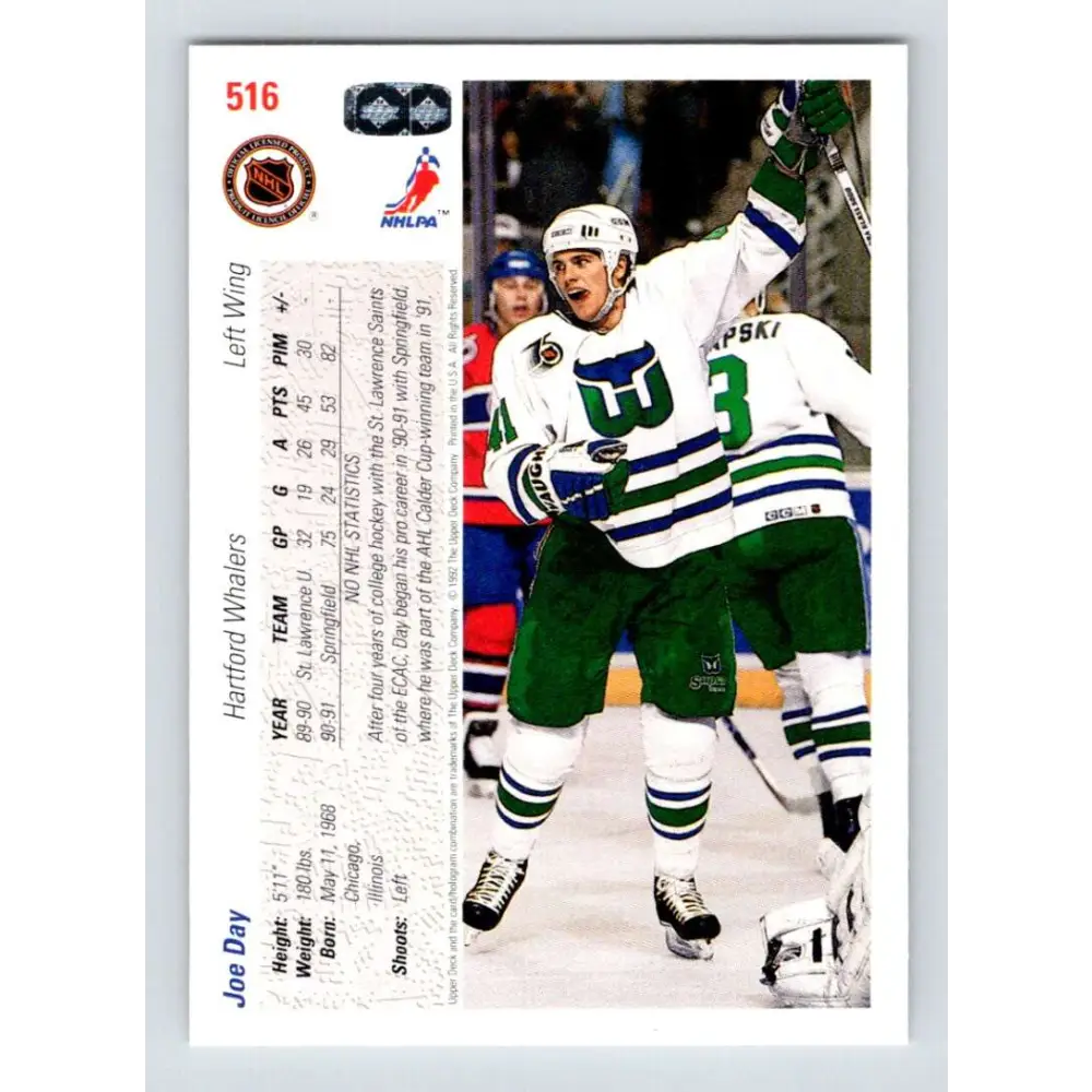 1991-92 Upper Deck #516 Joe Day NM-MT RC Rookie Hartford Whalers Hockey Card Image 2