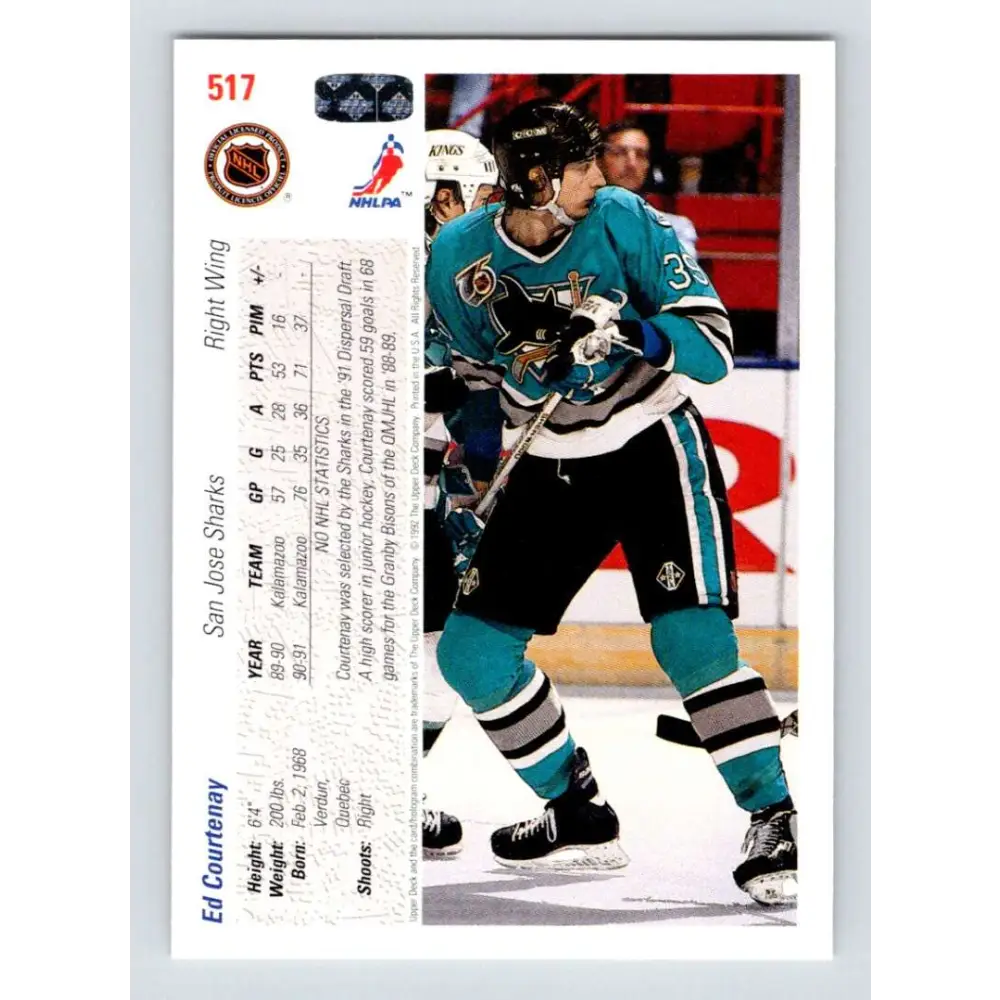 1991-92 Upper Deck #517 Ed Courtenay NM-MT RC Rookie San Jose Sharks Hockey Card  Image 2