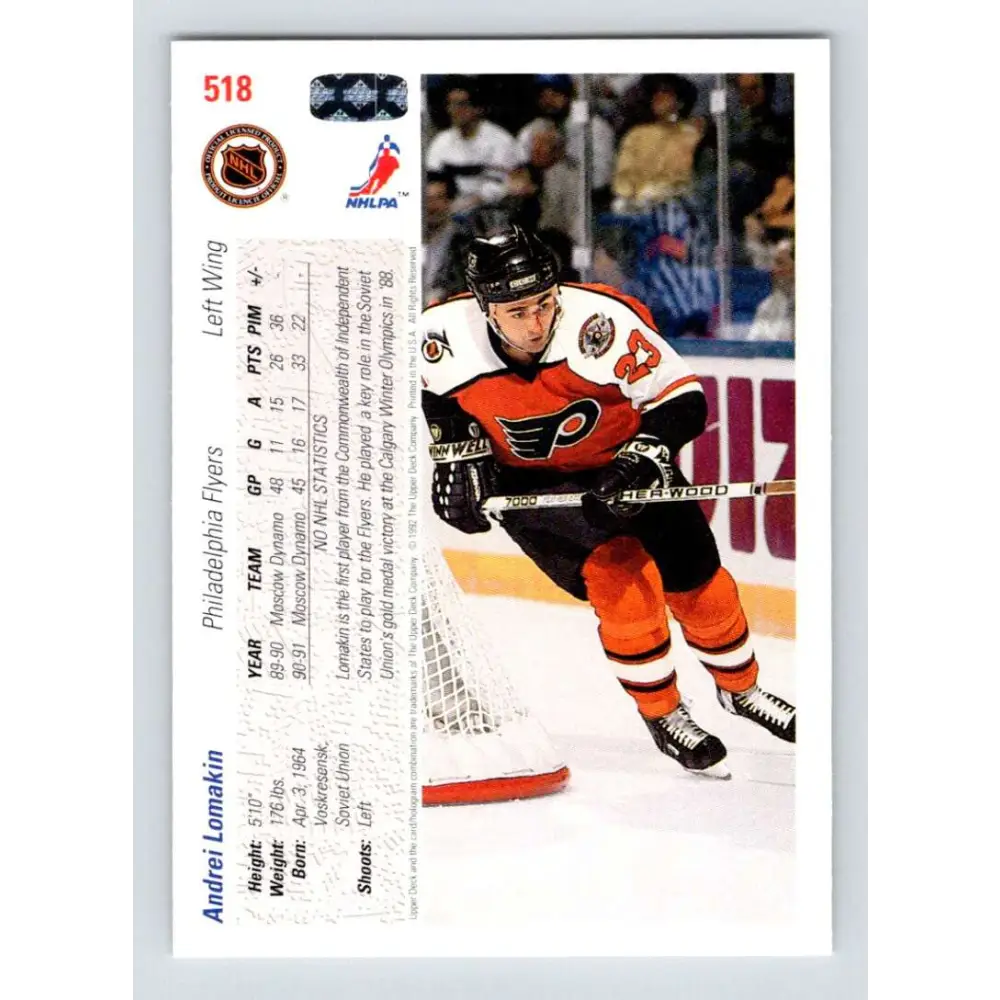 1991-92 Upper Deck #518 Andrei Lomakin NM-MT Philadelphia Flyers Hockey Card  Image 2