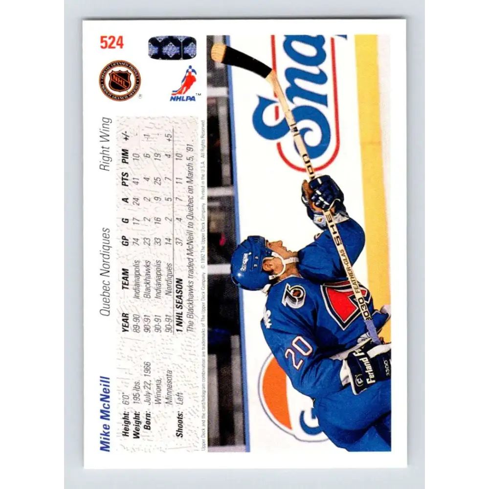 1991-92 Upper Deck #524 Mike McNeill NM-MT Quebec Nordiques Hockey Card  Image 2