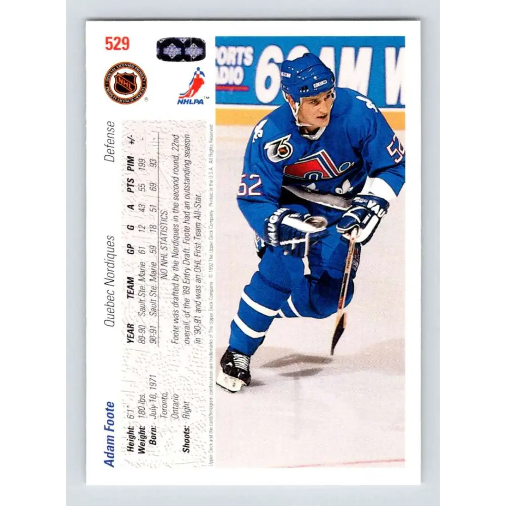 1991-92 Upper Deck #529 Adam Foote NM-MT RC Rookie Quebec Nordiques Hockey Card  Image 2