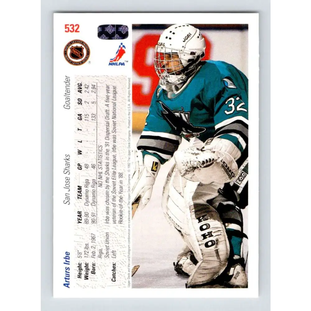 1991-92 Upper Deck #532 Arturs Irbe NM-MT San Jose Sharks Hockey Card  Image 2