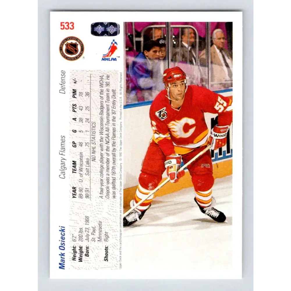 1991-92 Upper Deck #533 Mark Osiecki NM-MT RC Rookie Calgary Flames Hockey Card  Image 2
