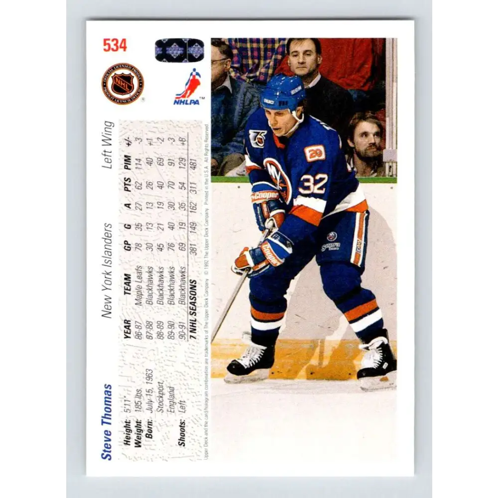 1991-92 Upper Deck #534 Steve Thomas NM-MT New York Islanders Hockey Card  Image 2
