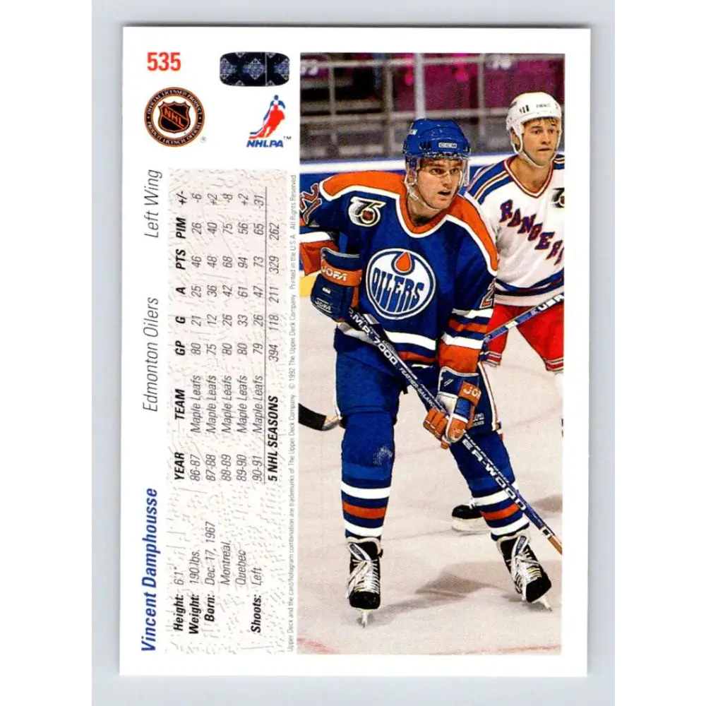 1991-92 Upper Deck #535 Vincent Damphousse NM-MT Edmonton Oilers Hockey Card Image 2