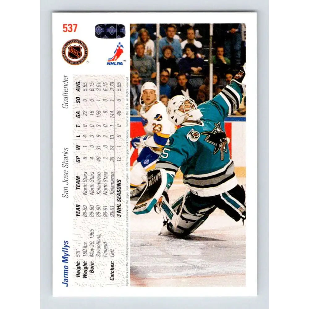 1991-92 Upper Deck #537 Jarmo Myllys NM-MT San Jose Sharks Hockey Card Image 2