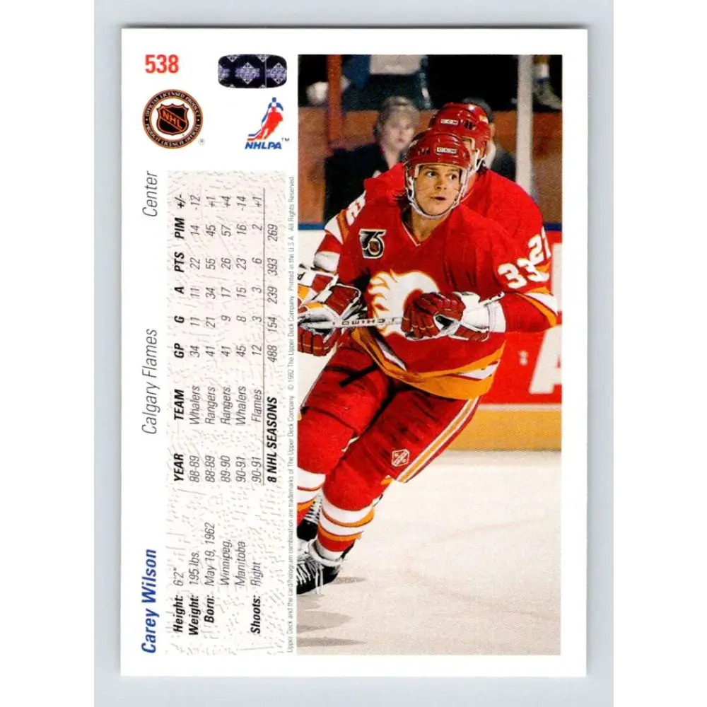 1991-92 Upper Deck #538 Carey Wilson NM-MT Calgary Flames Hockey Card Image 2