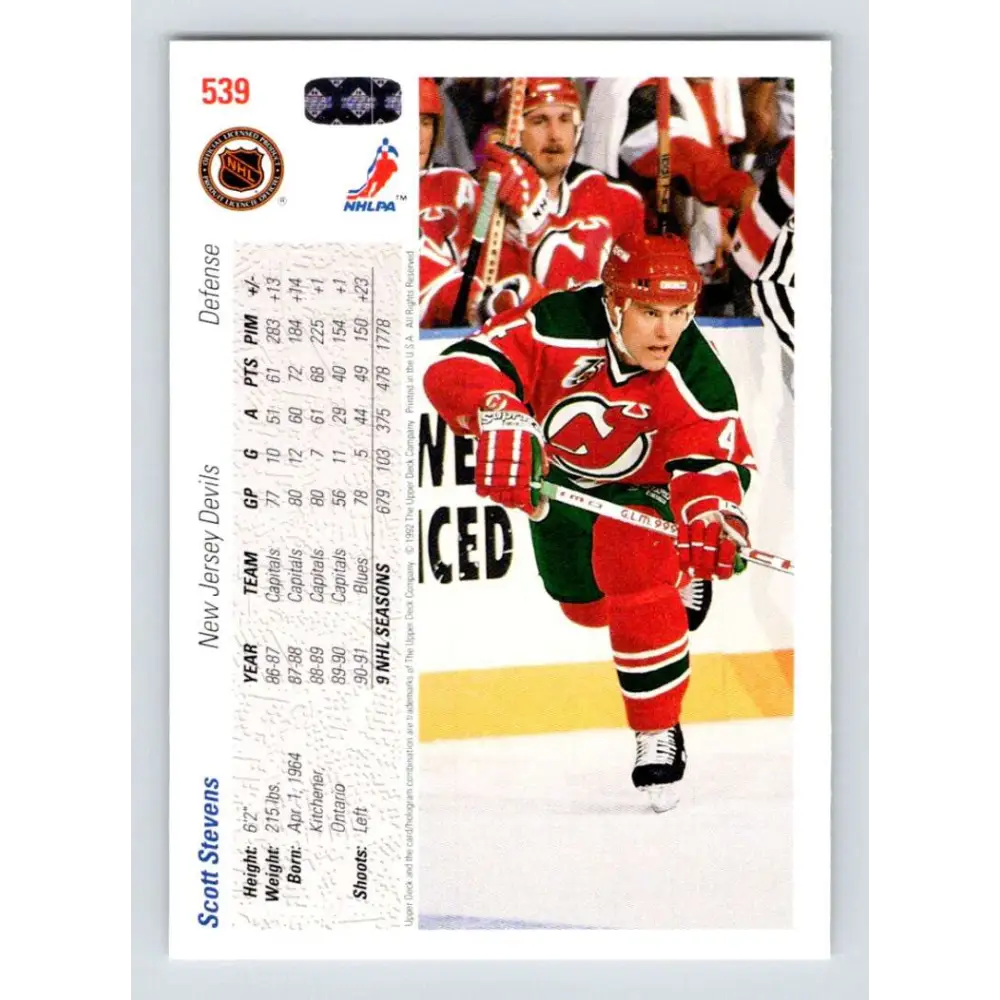1991-92 Upper Deck #539 Scott Stevens NM-MT New Jersey Devils Hockey Card  Image 2