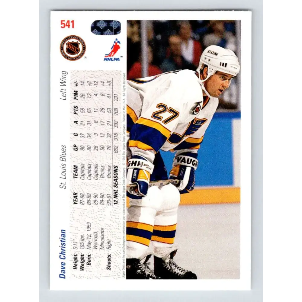 1991-92 Upper Deck #541 Dave Christian NM-MT St. Louis Blues Hockey Card  Image 2