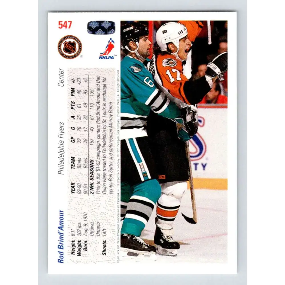 1991-92 Upper Deck #547 Rod Brind'Amour NM-MT Philadelphia Flyers Hockey Card  Image 2