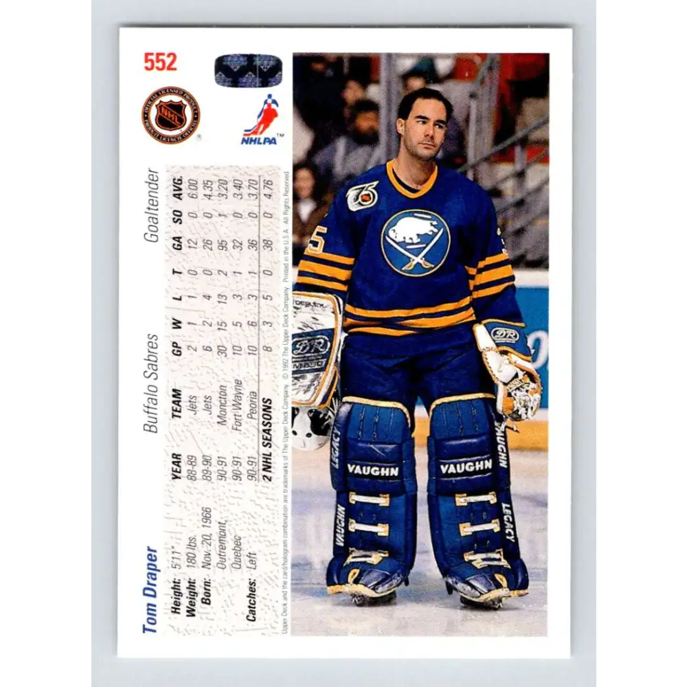 1991-92 Upper Deck #552 Tom Draper NM-MT RC Rookie Buffalo Sabres Hockey Card  Image 2