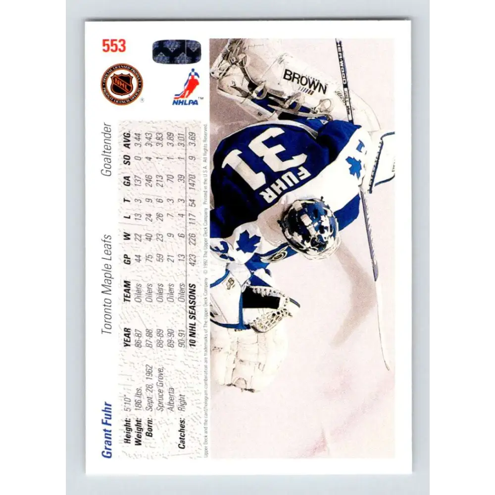1991-92 Upper Deck #553 Grant Fuhr NM-MT Toronto Maple Leafs Hockey Card  Image 2