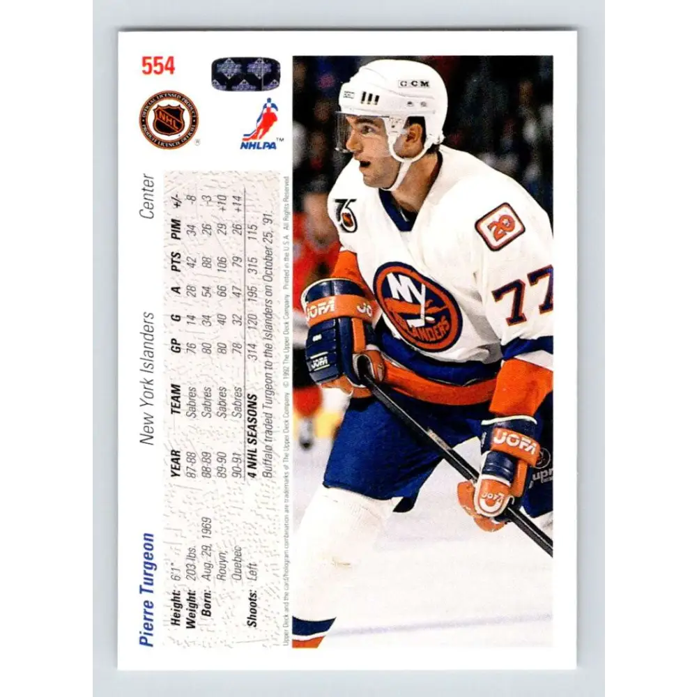 1991-92 Upper Deck #554 Pierre Turgeon NM-MT New York Islanders Hockey Card Image 2