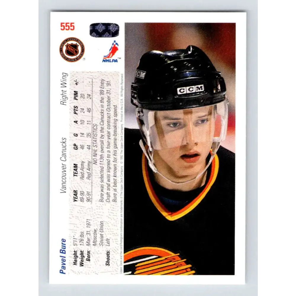 1991-92 Upper Deck #555 Pavel Bure NM-MT Vancouver Canucks Hockey Card  Image 2