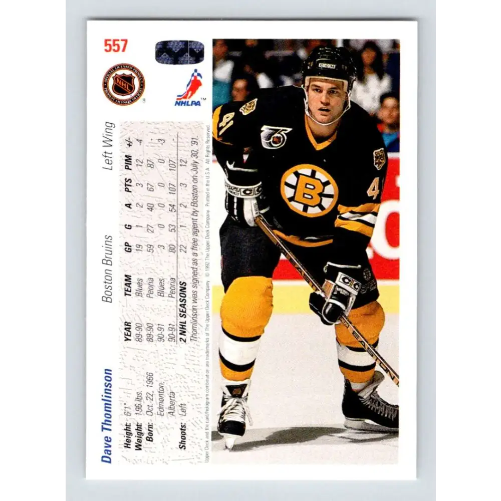 1991-92 Upper Deck #557 Dave Thomlinson NM-MT Boston Bruins Hockey Card Image 2