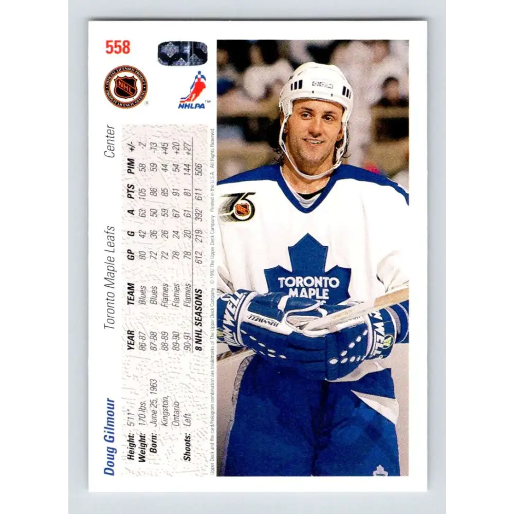 1991-92 Upper Deck #558 Doug Gilmour NM-MT Toronto Maple Leafs Hockey Card  Image 2