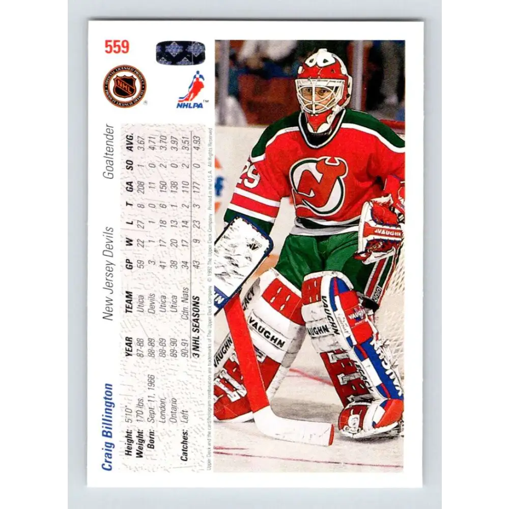 1991-92 Upper Deck #559 Craig Billington NM-MT RC Rookie New Jersey Devils Hockey Card  Image 2