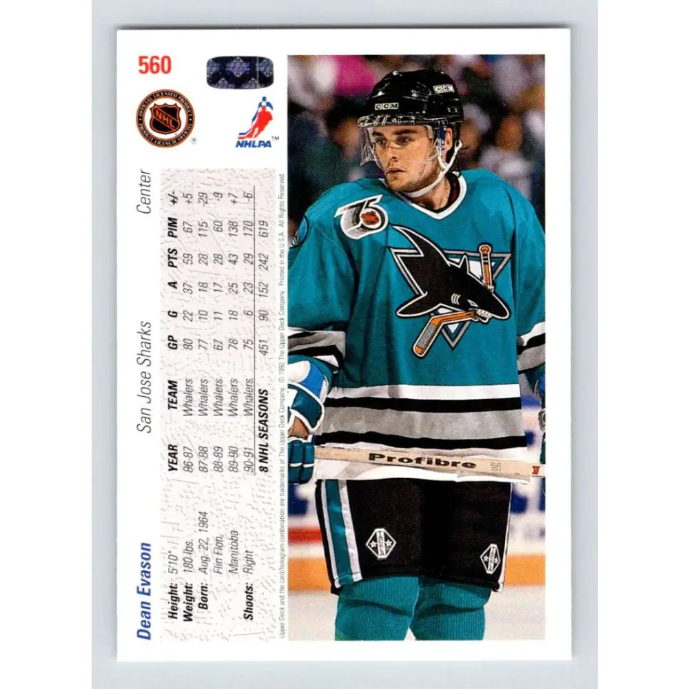 1991-92 Upper Deck #560 Dean Evason NM-MT San Jose Sharks Hockey Card Image 2
