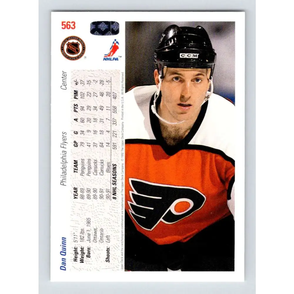 1991-92 Upper Deck #563 Dan Quinn NM-MT Philadelphia Flyers Hockey Card  Image 2