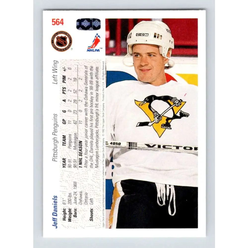 1991-92 Upper Deck #564 Jeff Daniels NM-MT RC Rookie Pittsburgh Penguins Hockey Card  Image 2