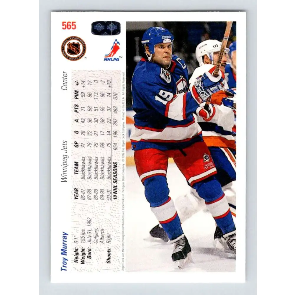 1991-92 Upper Deck #565 Troy Murray NM-MT Winnipeg Jets Hockey Card Image 2