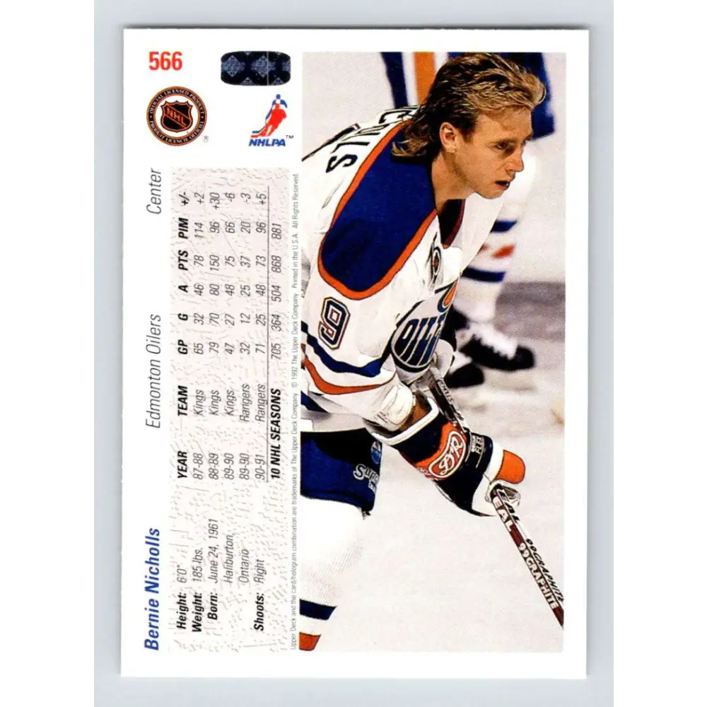1991-92 Upper Deck #566 Bernie Nicholls NM-MT Edmonton Oilers Hockey Card  Image 2