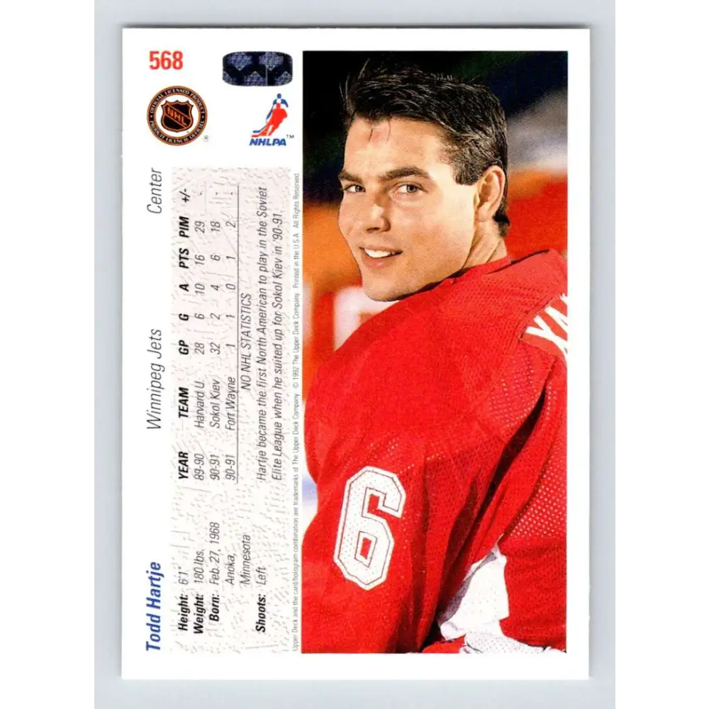 1991-92 Upper Deck #568 Todd Hartje NM-MT RC Rookie Winnipeg Jets Hockey Card  Image 2