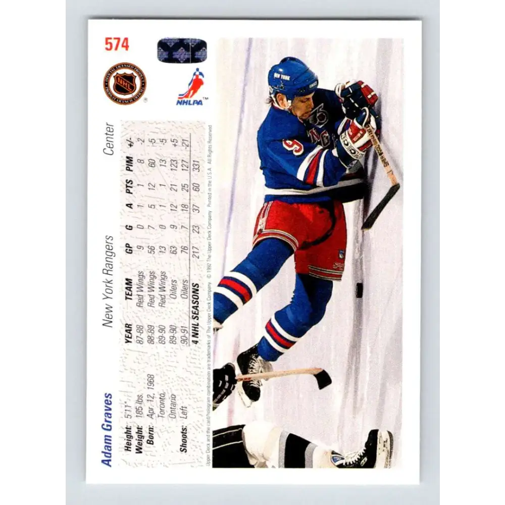1991-92 Upper Deck #574 Adam Graves NM-MT New York Rangers Hockey Card  Image 2