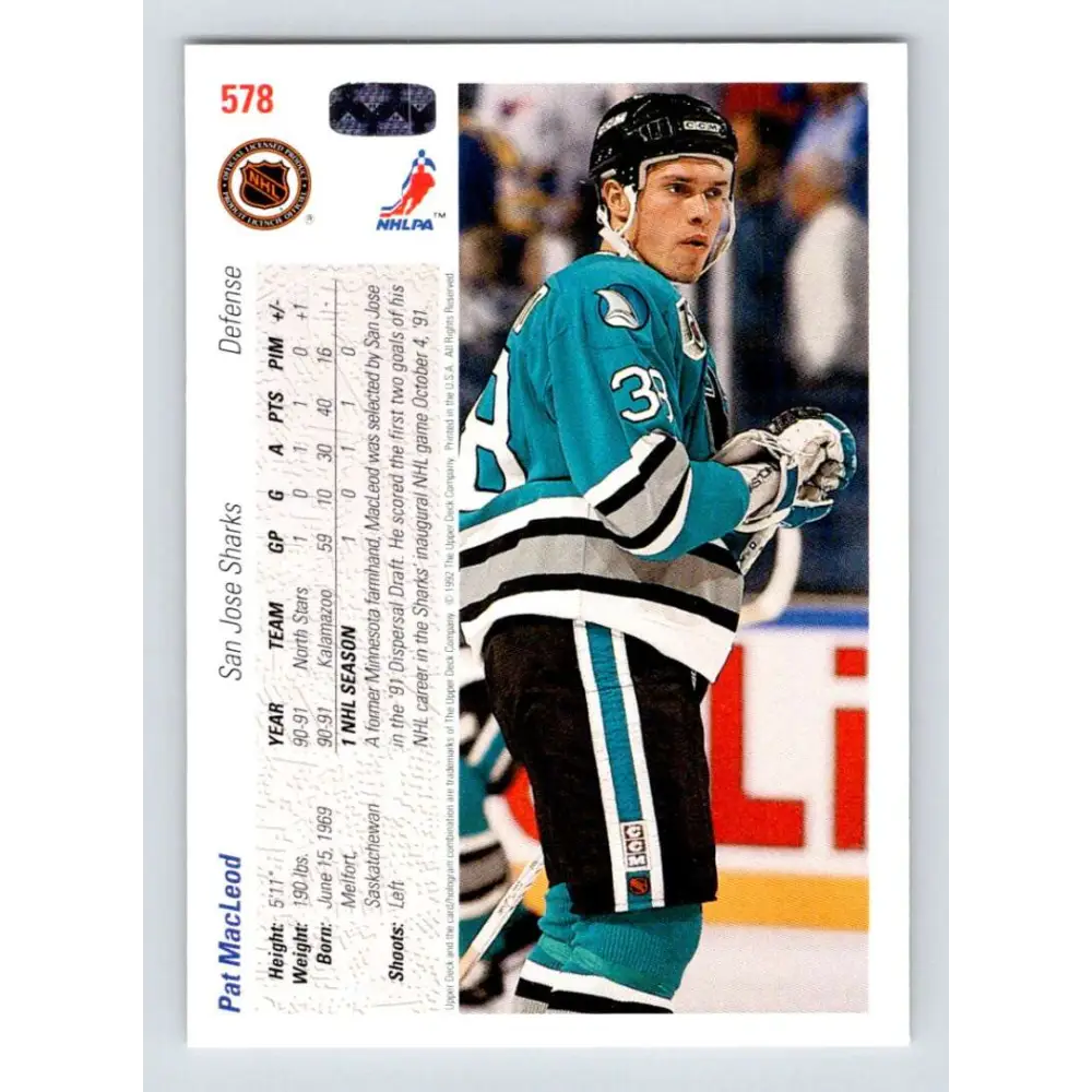 1991-92 Upper Deck #578 Pat MacLeod NM-MT RC Rookie San Jose Sharks Hockey Card Image 2