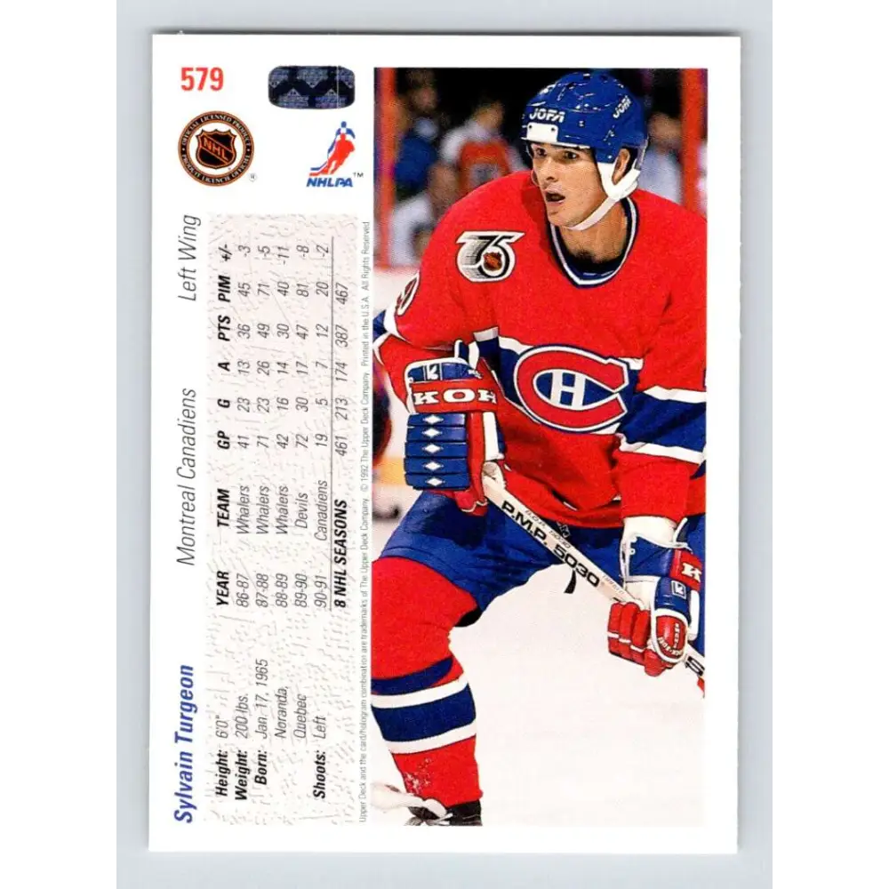 1991-92 Upper Deck #579 Sylvain Turgeon NM-MT Montreal Canadiens Hockey Card  Image 2