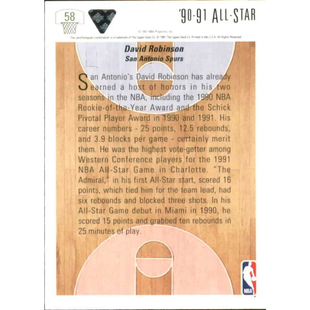 1991-92 Upper Deck #58 David Robinson AS NM-MT San Antonio Spurs Basketball Card Image 2
