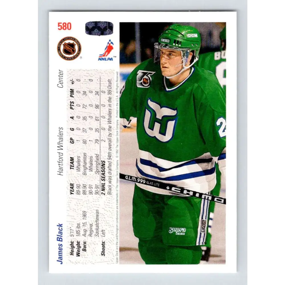 1991-92 Upper Deck #580 James Black NM-MT RC Rookie Hartford Whalers Hockey Card  Image 2