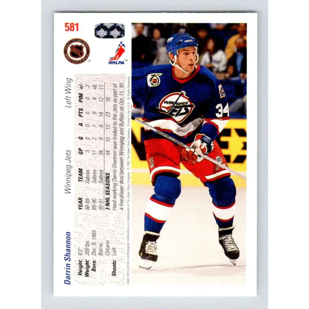 1991-92 Upper Deck #581 Darrin Shannon NM-MT Winnipeg Jets Hockey Card  Image 2