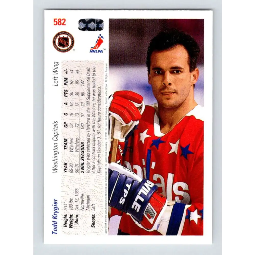 1991-92 Upper Deck #582 Todd Krygier NM-MT Washington Capitals Hockey Card  Image 2