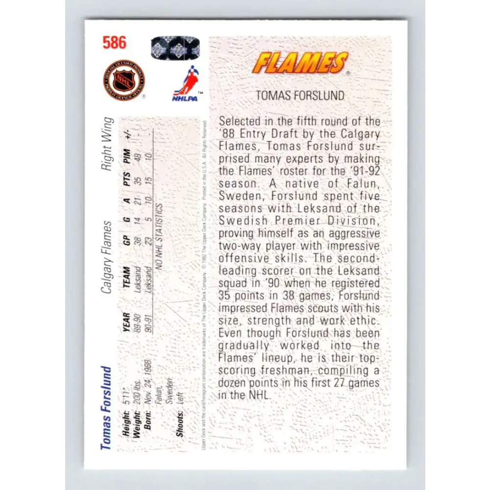 1991-92 Upper Deck #586 Tomas Forslund NM-MT Calgary Flames Hockey Card  Image 2