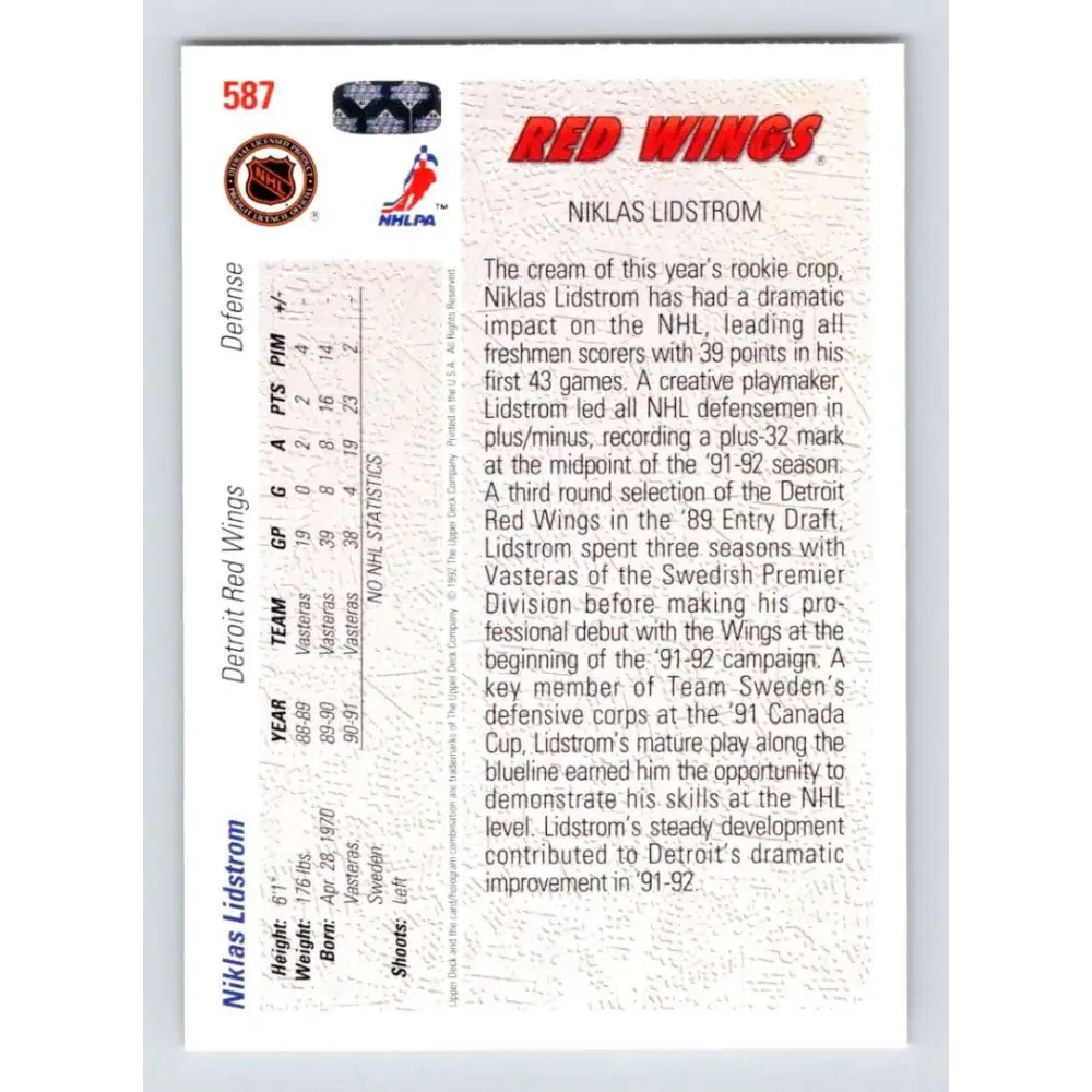 1991-92 Upper Deck #587 Nicklas Lidstrom NM-MT Detroit Red Wings Hockey Card  Image 2