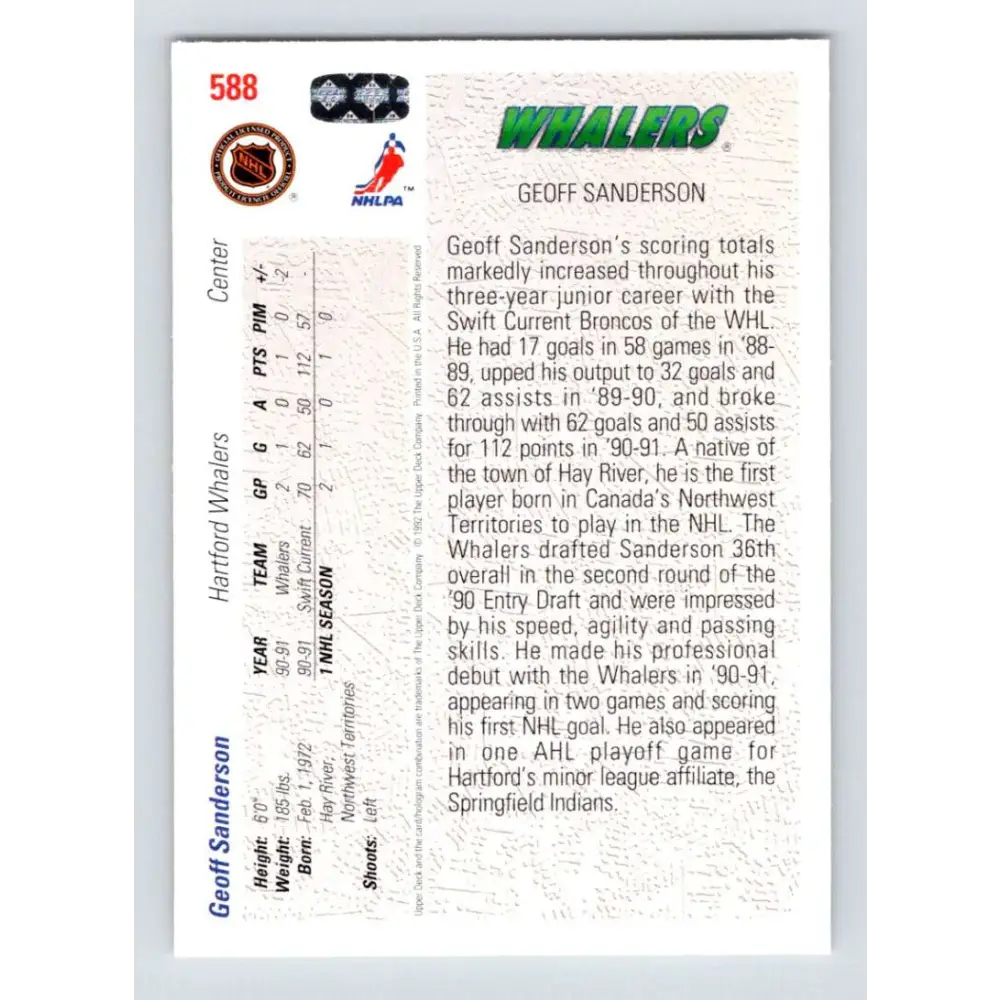 1991-92 Upper Deck #588 Geoff Sanderson NM-MT RC Rookie Hartford Whalers Hockey Card Image 2