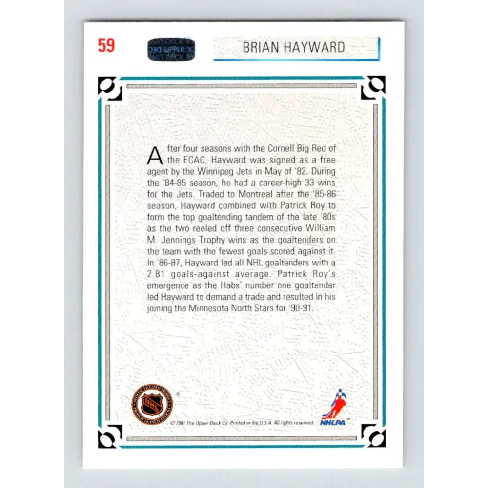 1991-92 Upper Deck #59 Brian Hayward NM-MT Hockey Card Image 2