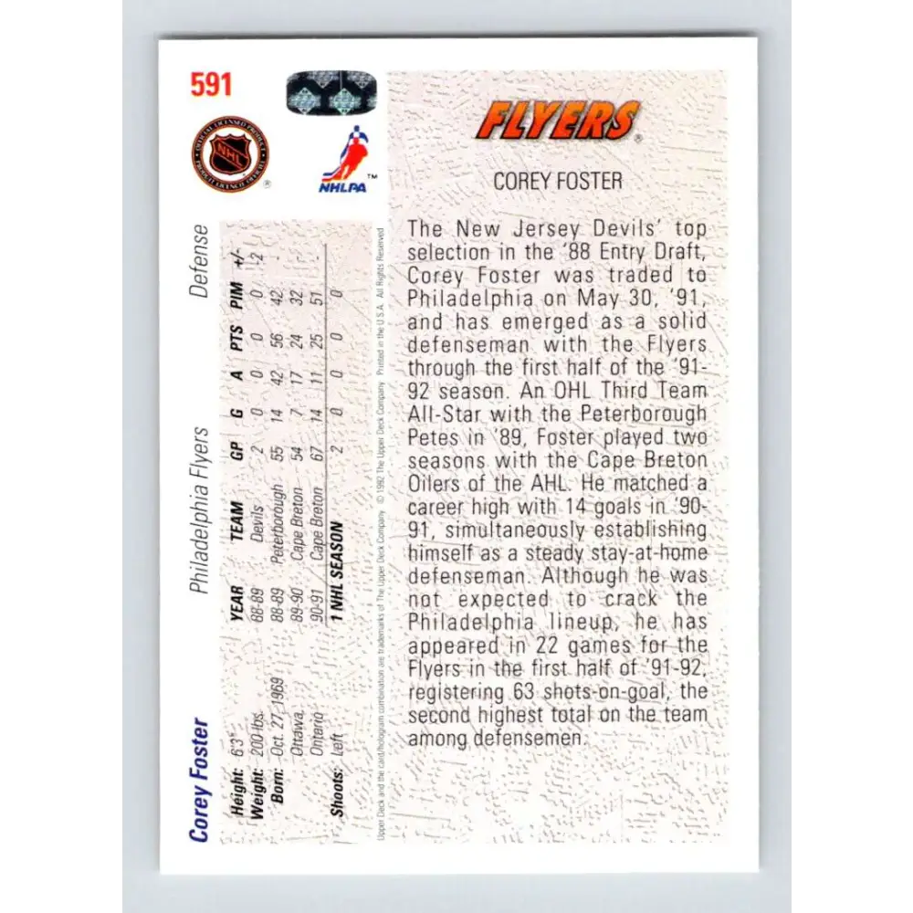 1991-92 Upper Deck #591 Corey Foster NM-MT RC Rookie Philadelphia Flyers Hockey Card Image 2