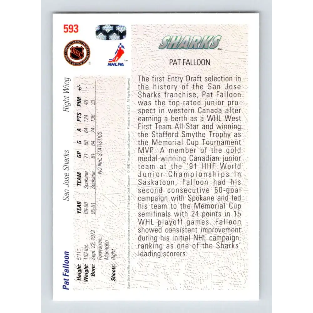 1991-92 Upper Deck #593 Pat Falloon NM-MT San Jose Sharks Hockey Card  Image 2