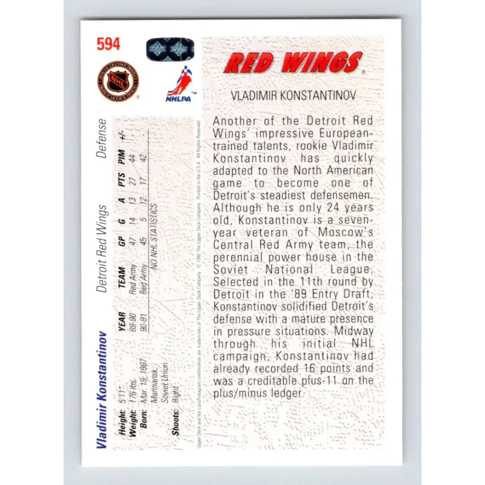 1991-92 Upper Deck #594 Vladimir Konstantinov NM-MT RC Rookie Detroit Red Wings Hockey Card Image 2