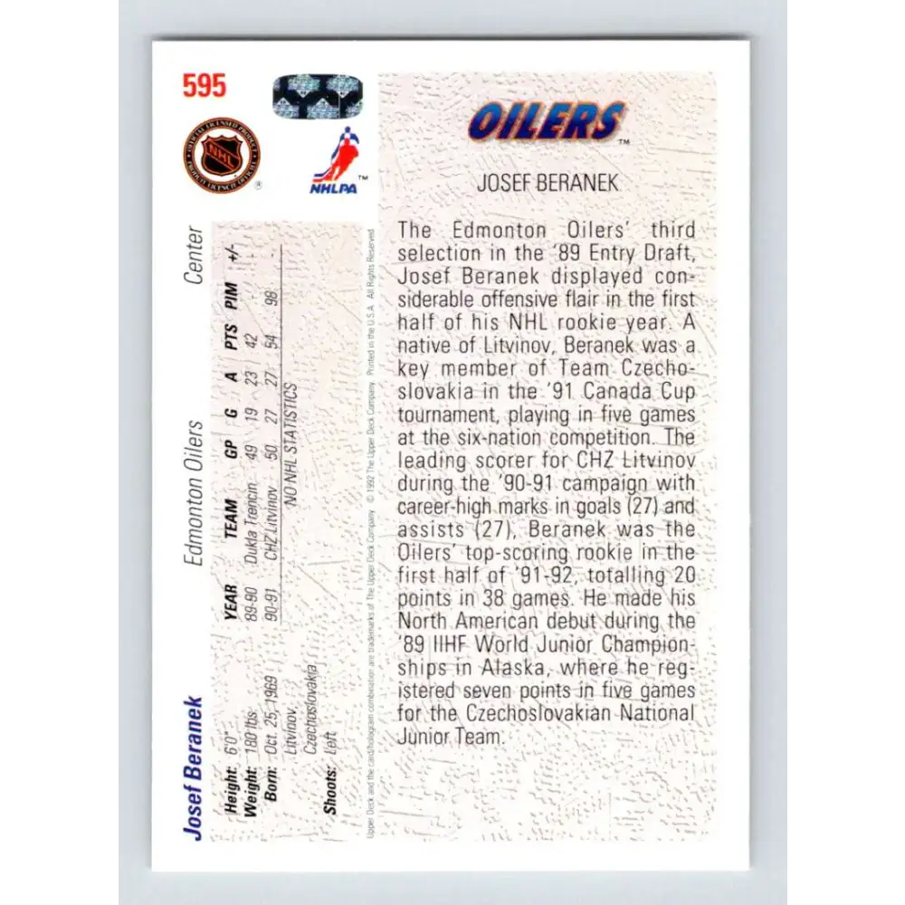1991-92 Upper Deck #595 Josef Beranek NM-MT Edmonton Oilers Hockey Card Image 2