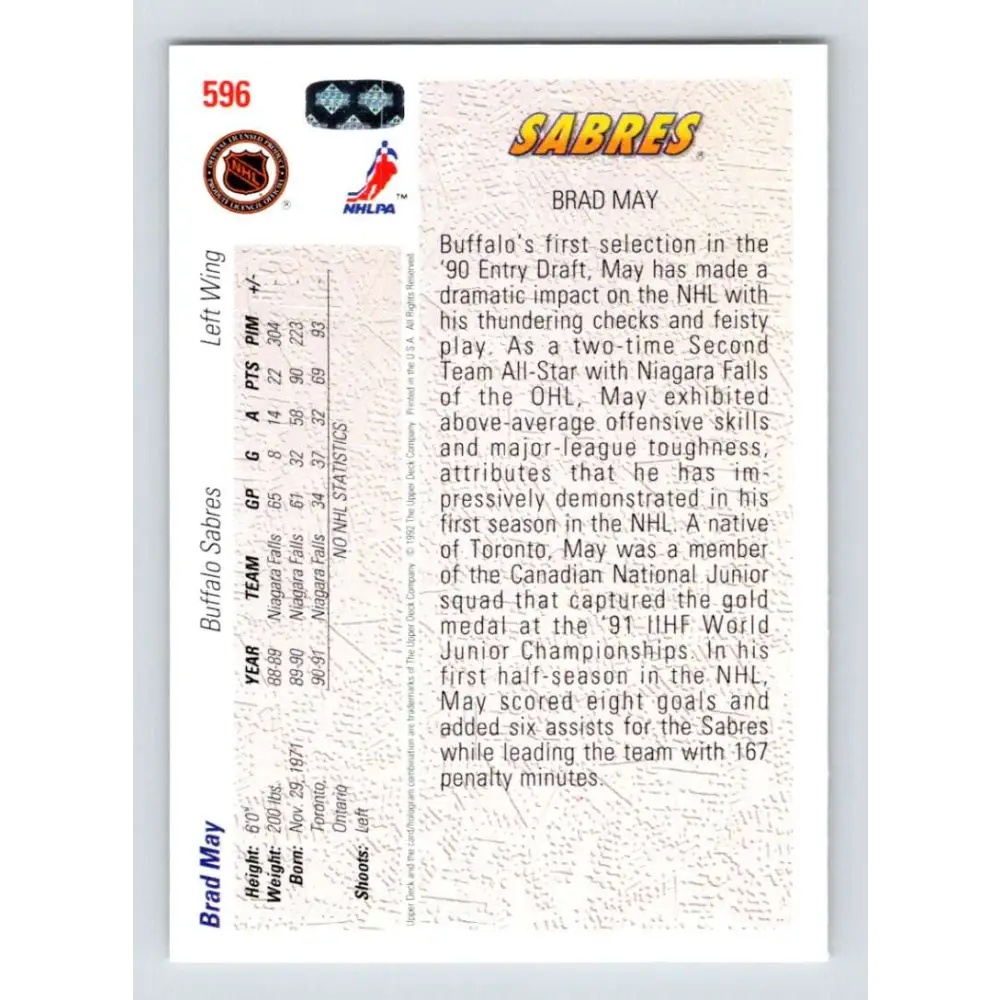 1991-92 Upper Deck #596 Brad May NM-MT Buffalo Sabres Hockey Card  Image 2