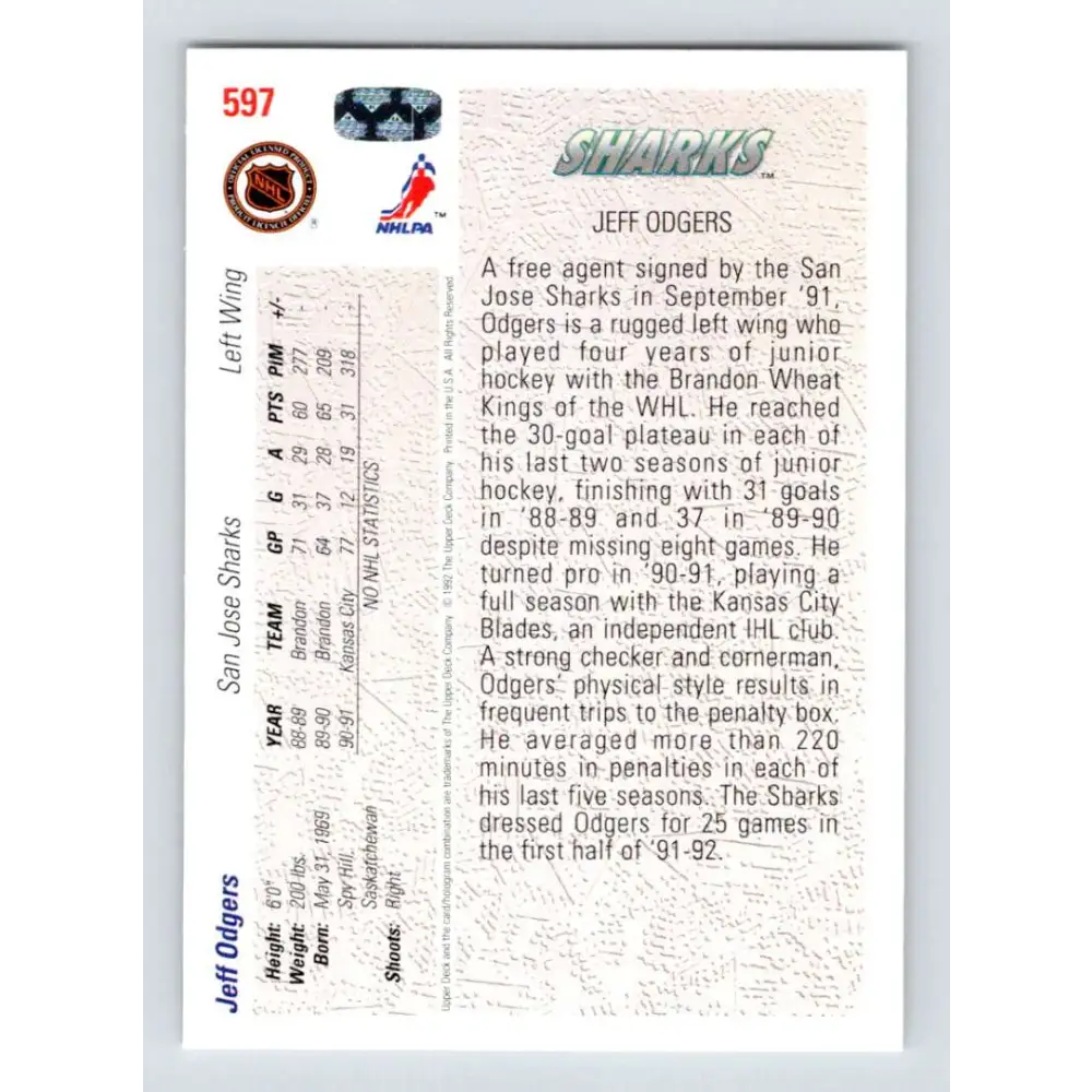 1991-92 Upper Deck #597 Jeff Odgers NM-MT RC Rookie San Jose Sharks Hockey Card  Image 2