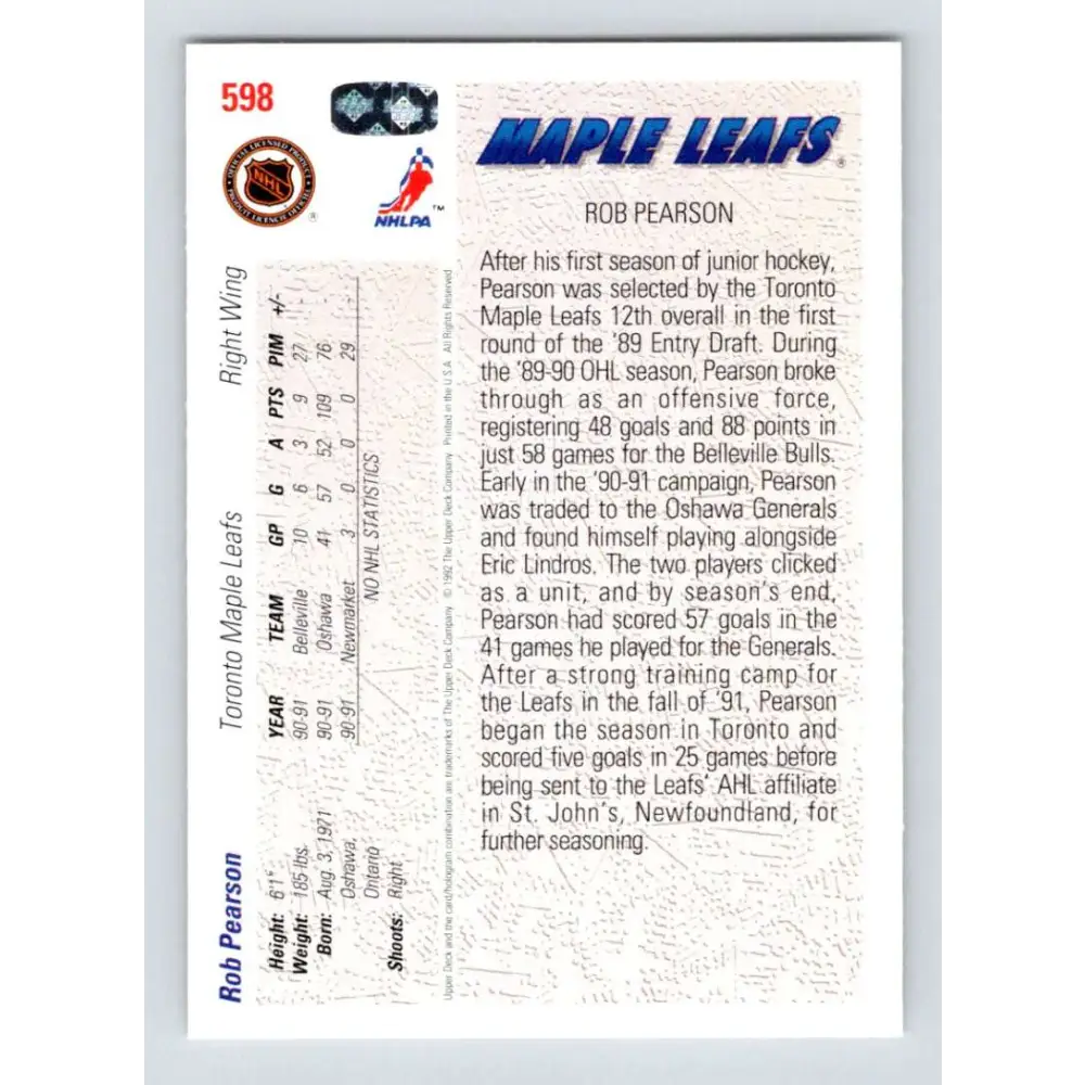 1991-92 Upper Deck #598 Rob Pearson NM-MT RC Rookie Toronto Maple Leafs Hockey Card  Image 2