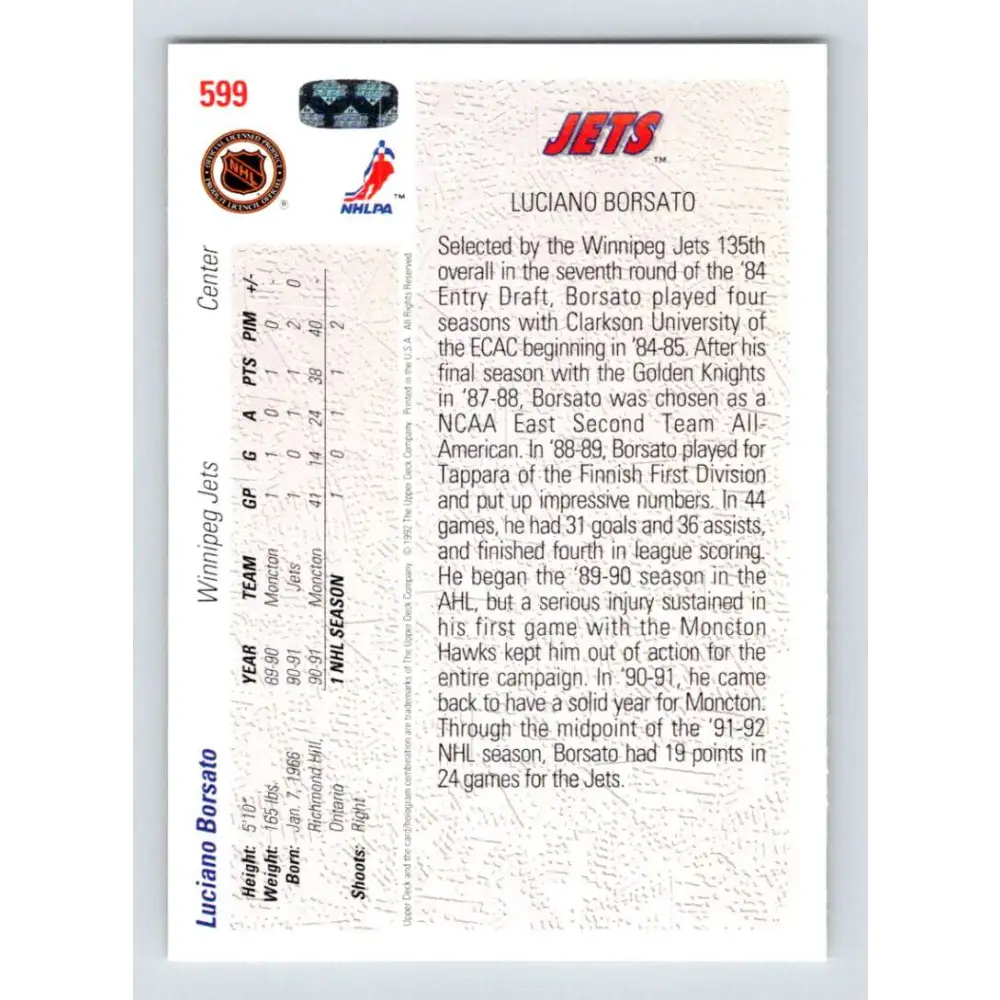 1991-92 Upper Deck #599 Luciano Borsato NM-MT RC Rookie Winnipeg Jets Hockey Card Image 2