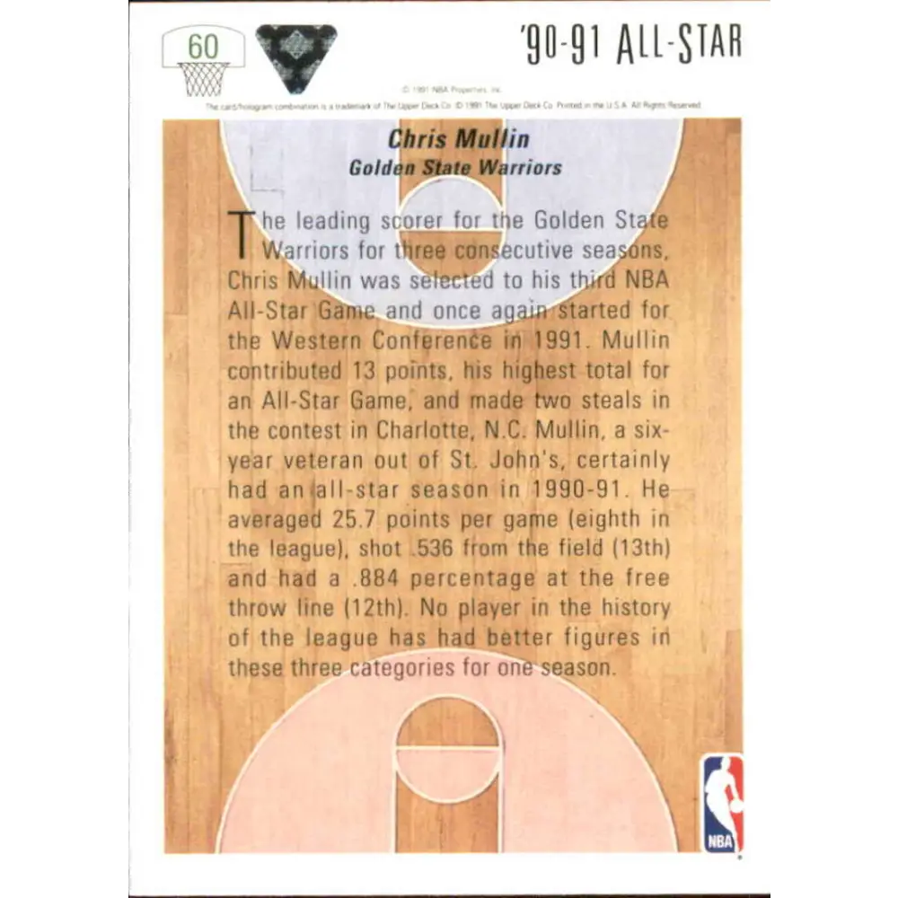 1991-92 Upper Deck #60 Chris Mullin AS NM-MT Golden State Warriors Basketball Card Image 2