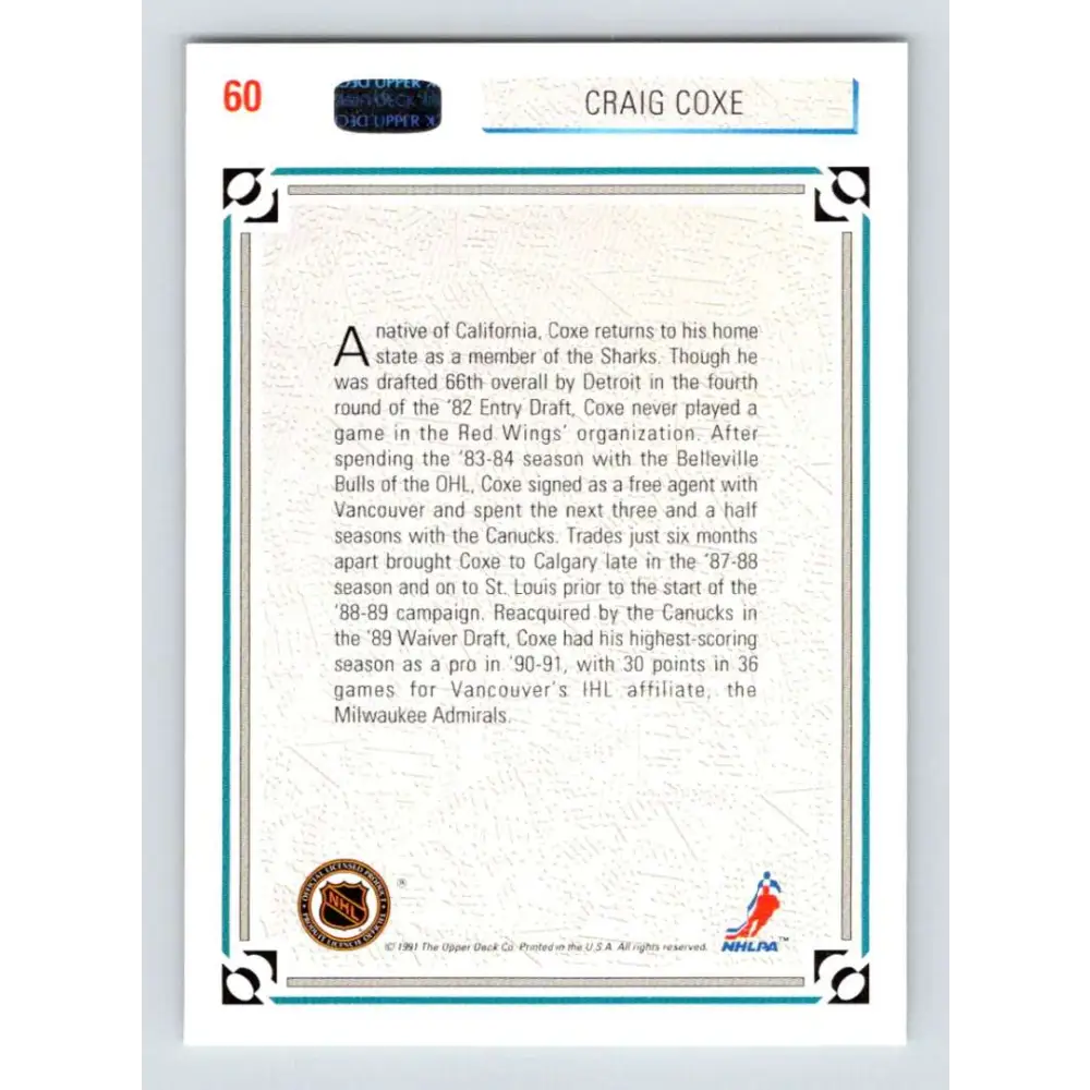 1991-92 Upper Deck #60 Craig Coxe NM-MT Hockey Card Image 2